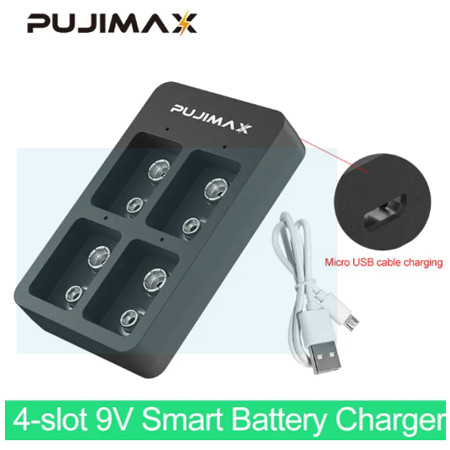PUJIMAX Smart Fast 9V 4 Slots Battery Charger with , LED Status Indicators, and USB Cable – For Ni-MH, Ni-Cd & Li-ion Batteries - Image 4