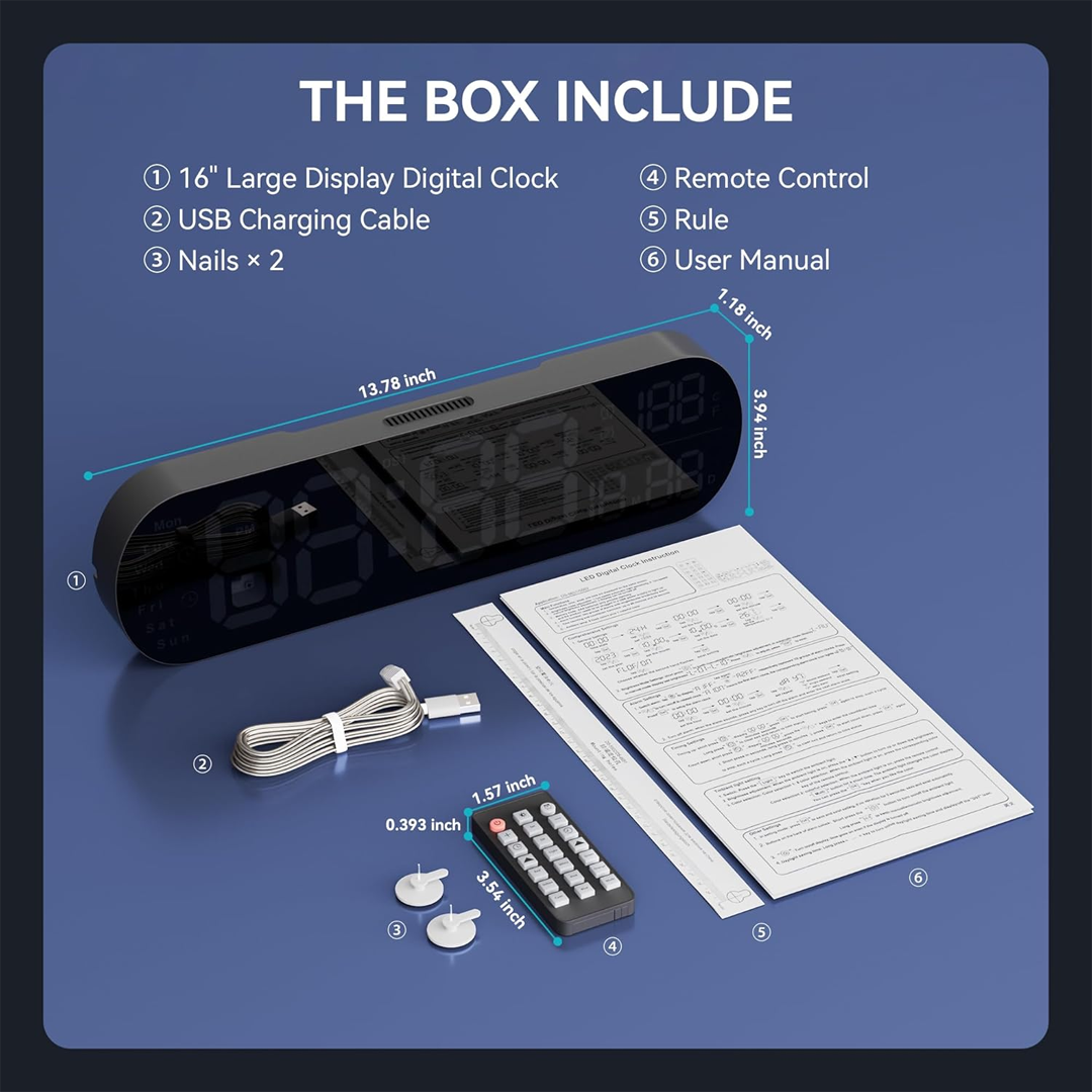 13.7 Inch Digital Wall Clock with Large Display, RGB Color Changing Night Light, Remote Control, Date, Week, Temperature, Daylight Saving, Auto Brightness Dimmer, Plastic Body - Image 2