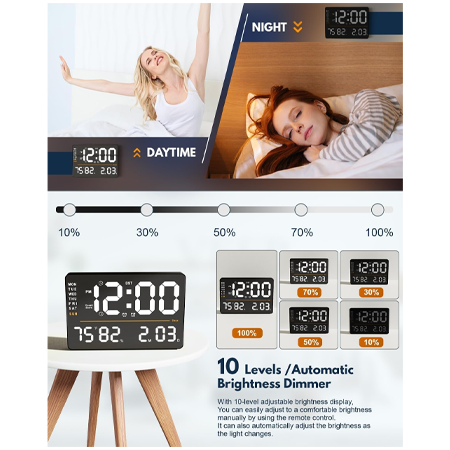 13 Inch Plastic Digital Wall Clock with Large Display, Remote Control, Automatic Brightness, Temperature, Date, Week, and Alarm Function for Living Room and Office Decor – Black - Image 3