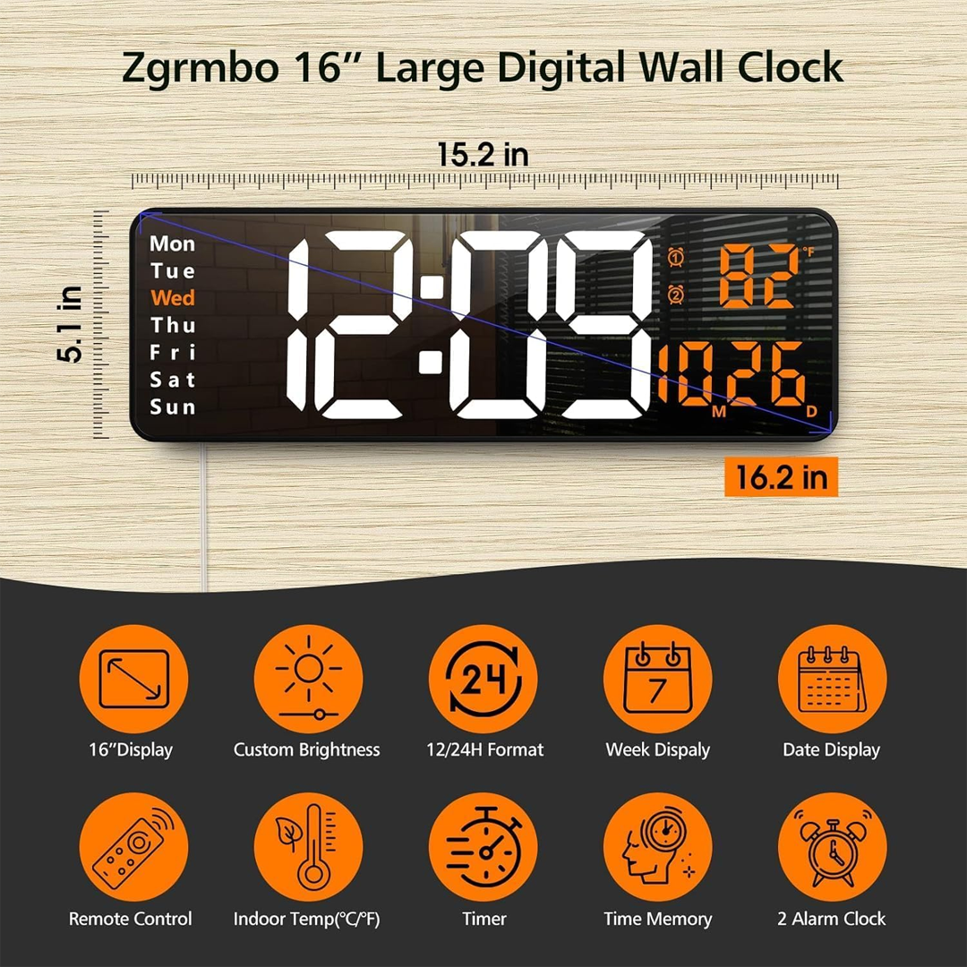 16.2 Inch Digital Alarm Clock for Wall or Table with Large LED Display, Date and Week, Remote Control, USB Powered, Ideal for Bedroom, Living Room, and Office (White Orange) - Image 4