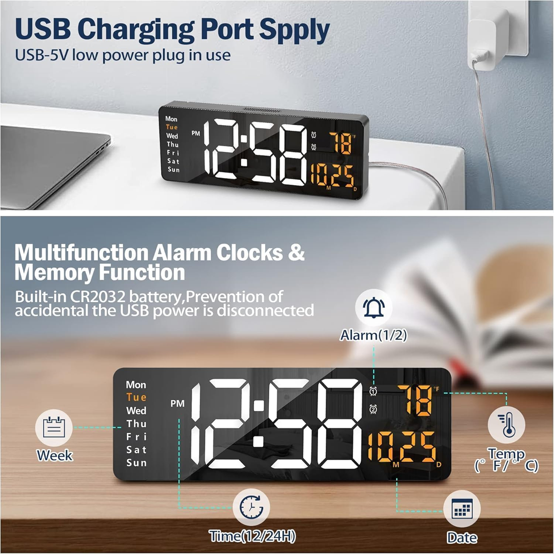 16.2 Inch Digital Alarm Clock for Wall or Table with Large LED Display, Date and Week, Remote Control, USB Powered, Ideal for Bedroom, Living Room, and Office (White Orange) - Image 2