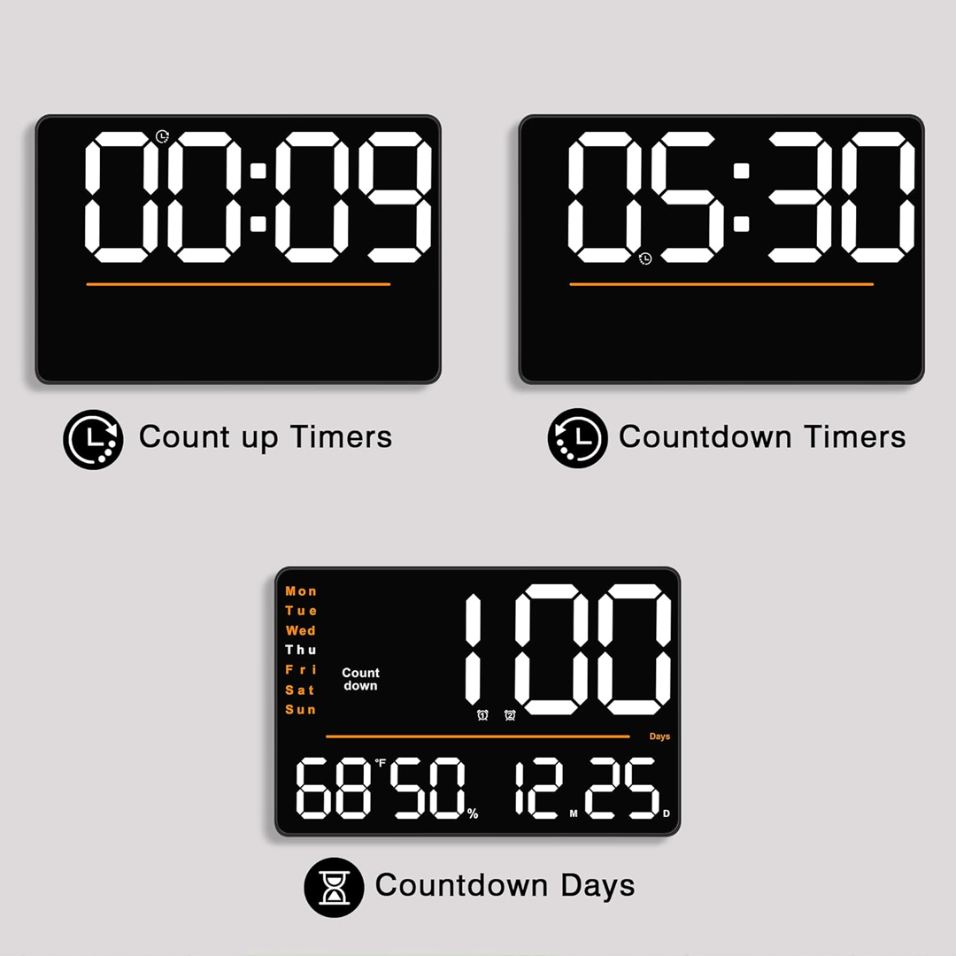 16 Inch Digital Wall Clock with Large LED Display, Date, Week, Temperature and Humidity, Countdown, Alarm, Timer, DST, Auto and Custom Brightness, Ideal for Home, Living Room, and Office - Image 3