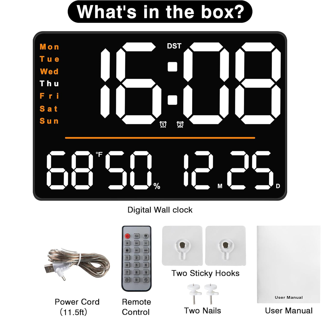 16 Inch Digital Wall Clock with Large LED Display, Date, Week, Temperature and Humidity, Countdown, Alarm, Timer, DST, Auto and Custom Brightness, Ideal for Home, Living Room, and Office - Image 2