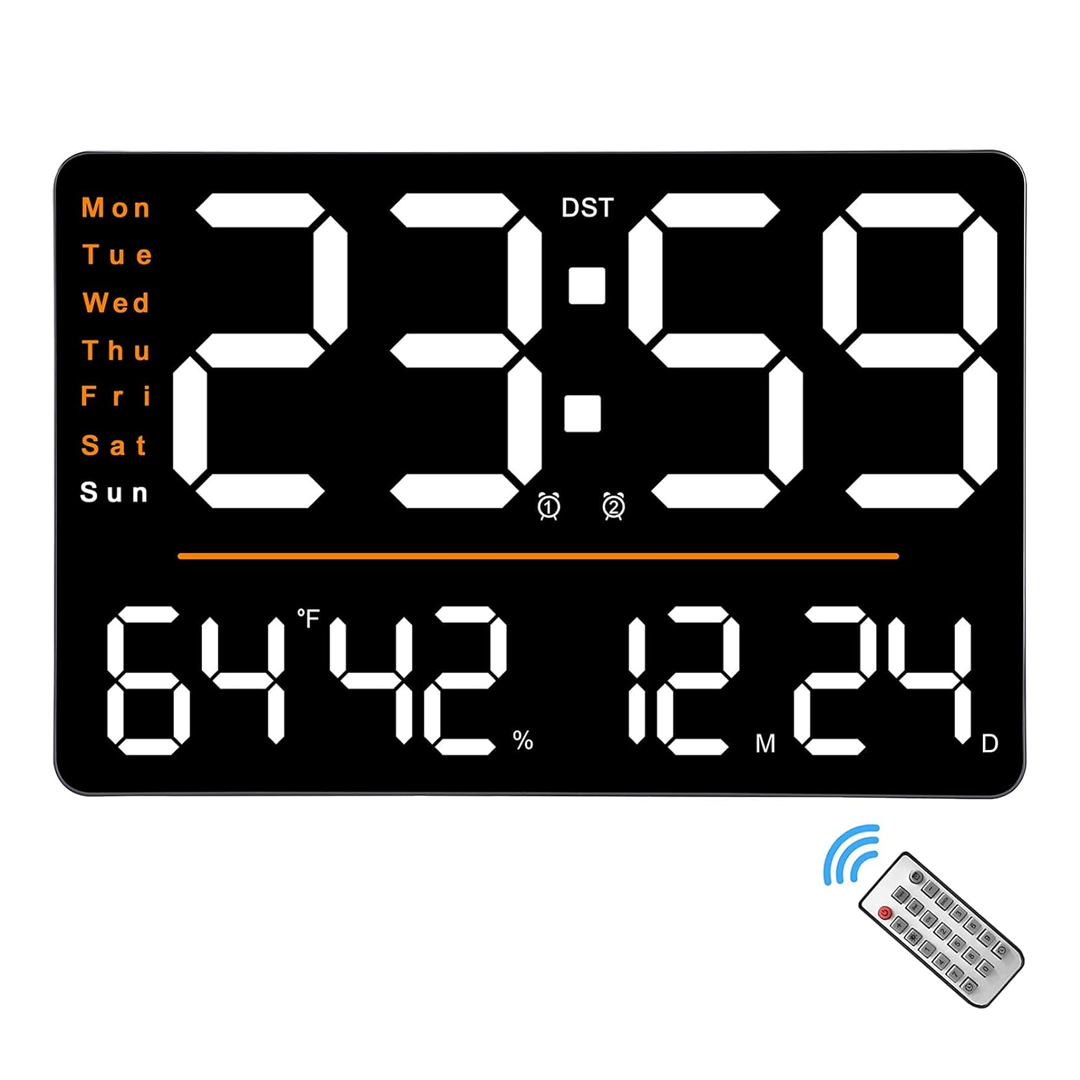 16 Inch Digital Wall Clock with Large LED Display, Date, Week, Temperature and Humidity, Countdown, Alarm, Timer, DST, Auto and Custom Brightness, Ideal for Home, Living Room, and Office