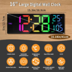 16.2 Inch Digital Wall Clock with Large LED Display, 8 RGB Colors, Temperature Display, 4-Level Brightness Dimmer, Night Light, and 12/24 Hour Format - Image 4