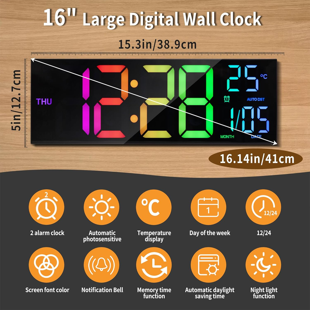 16.2 Inch Digital Wall Clock with Large LED Display, 8 RGB Colors, Temperature Display, 4-Level Brightness Dimmer, Night Light, and 12/24 Hour Format - Image 4