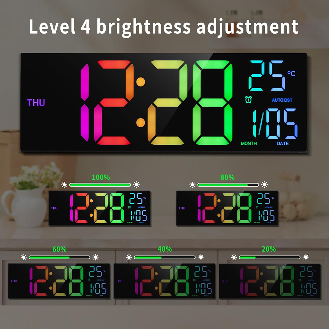 16.2 Inch Digital Wall Clock with Large LED Display, 8 RGB Colors, Temperature Display, 4-Level Brightness Dimmer, Night Light, and 12/24 Hour Format - Image 2