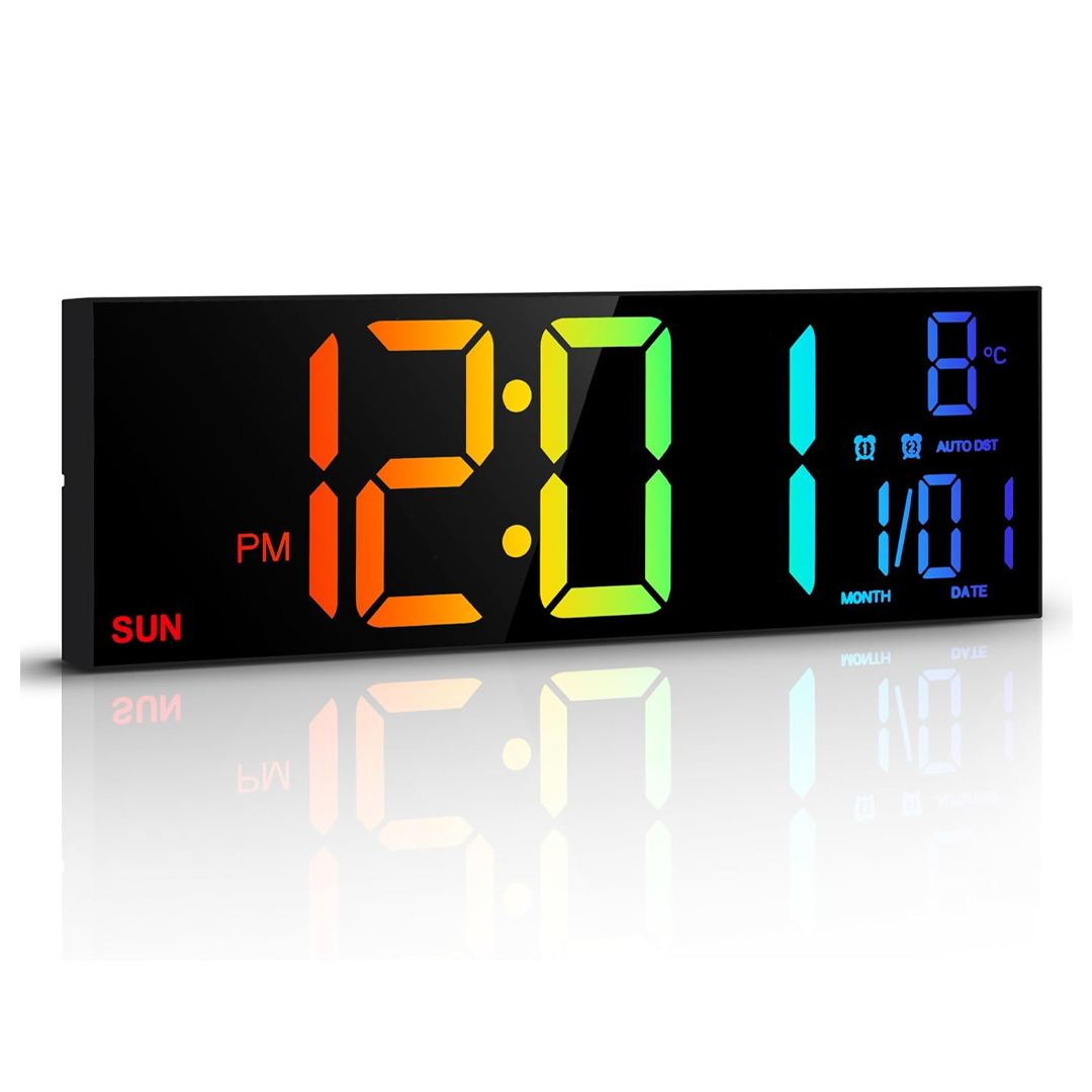 16.2 Inch Digital Wall Clock with Large LED Display, 8 RGB Colors, Temperature Display, 4-Level Brightness Dimmer, Night Light, and 12/24 Hour Format