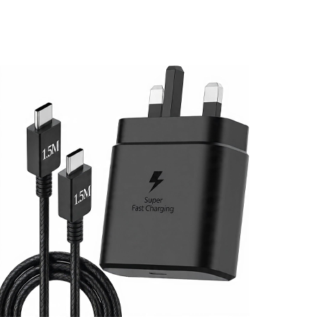 Samsung 45W Super Fast Charging Adapter with 1.5M Woven USB Type-C Cable | UK Plug Wall Charger | Compatible with Samsung Galaxy S25/S24/S23/S22/S21, Google Pixel 6/7/8, Huawei P40/P50, OnePlus 11/12