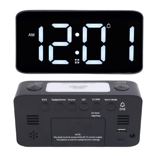 Portable Digital Alarm Clock with RGB 7-Color Night Light, Adjustable Volume, Snooze Function, and USB Charging - Image 4