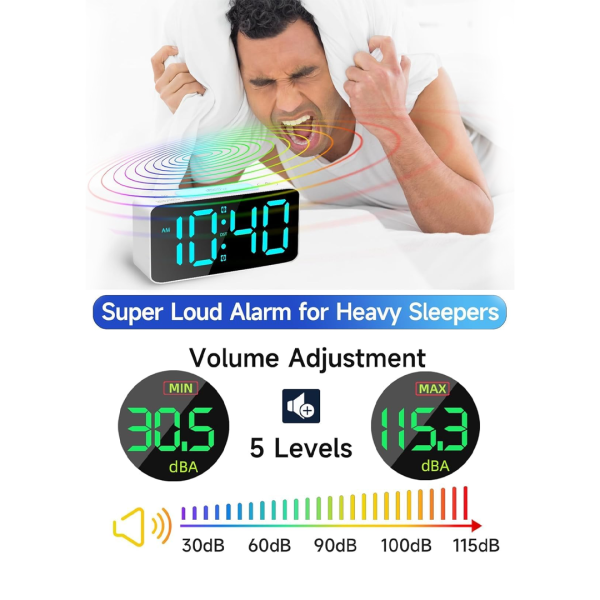 Portable Digital Alarm Clock with RGB 7-Color Night Light, Adjustable Volume, Snooze Function, and USB Charging - Image 2