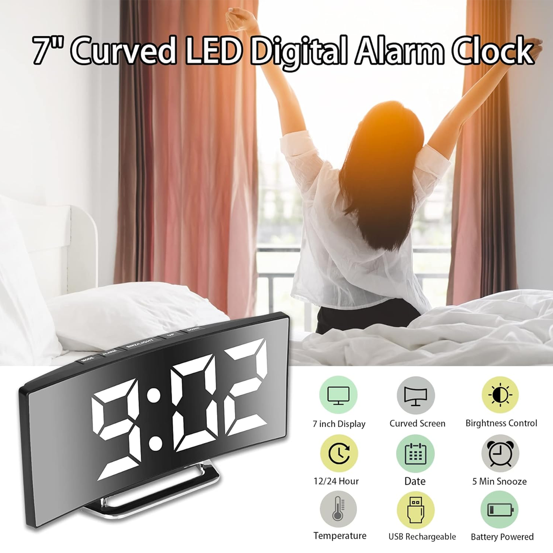 Digital Alarm Clock with Large 7-Inch LED Mirror Display, Dual Brightness Levels, 12/24-Hour Time Format, Temperature & Date Display - Image 4