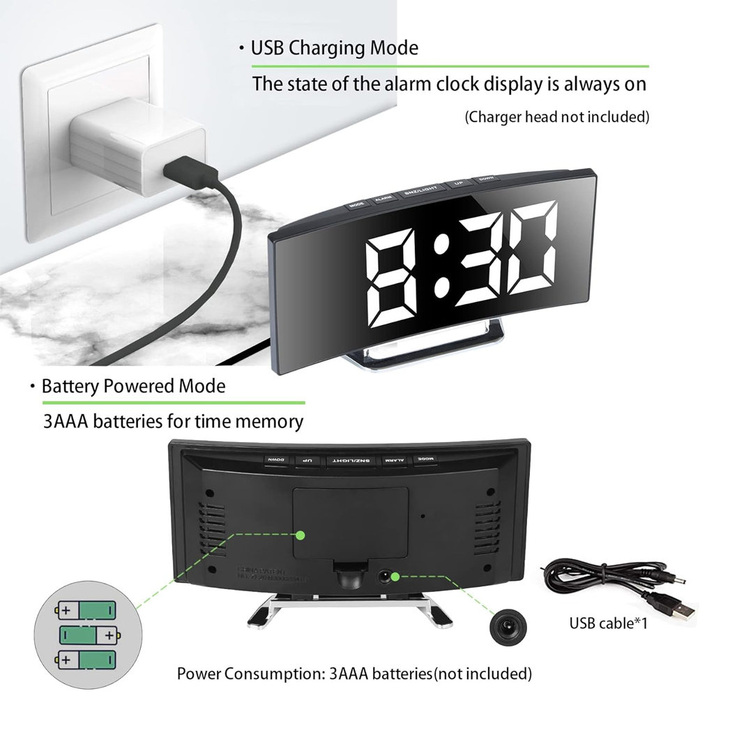 Digital Alarm Clock with Large 7-Inch LED Mirror Display, Dual Brightness Levels, 12/24-Hour Time Format, Temperature & Date Display - Image 2
