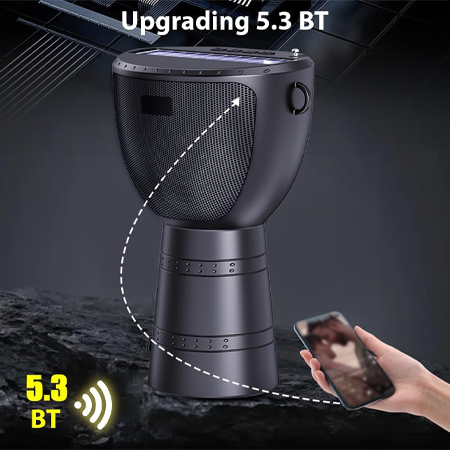 DV-660 Solar Bluetooth Portable Speaker – African Drum Design with Flashlight, Indoor/Outdoor Party, Hiking & Cycling Use, Built-in Solar Panel, Black - Image 2