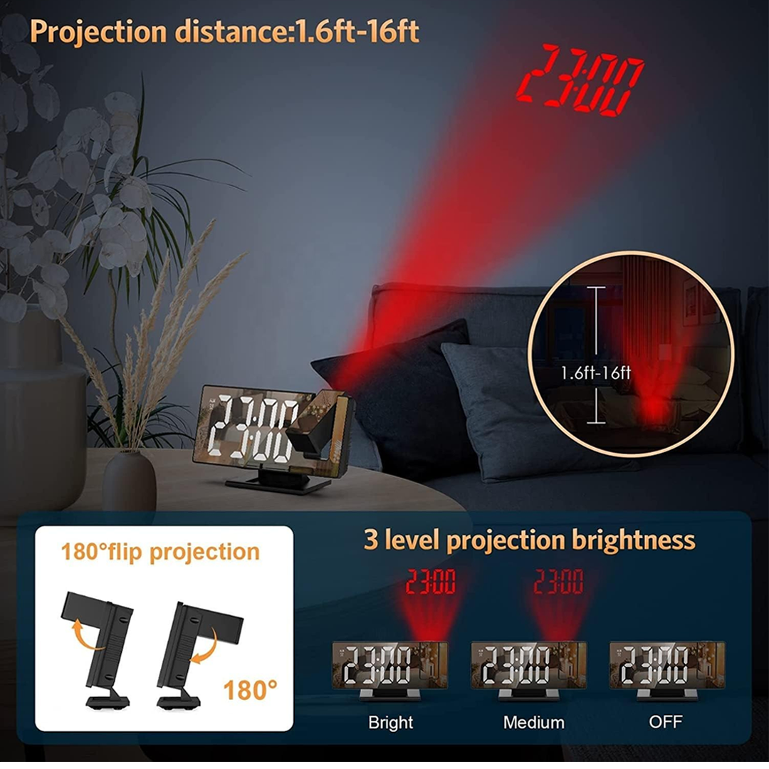 Portable LED Mirror Clock Digital Alarm Clock with Time, Temperature and Date Display, Large Mirror Screen, Three Level Projection Brightness - Image 3