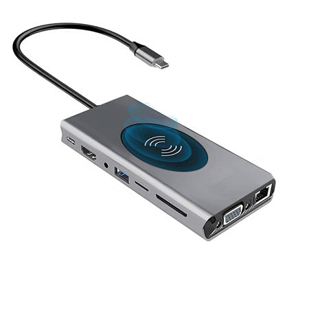 14-in-1 USB-C Docking Station with Wireless Charging | Multiport Adapter with 4K HDMI, VGA, 7 USB Ports, SD/TF Card Reader, Gigabit Ethernet, and Audio Jack | Compatible with MacBook, Dell, Lenovo, HP, and Other USB-C Devices
