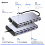 USB-C Docking Station 11-in-1 Hub | Multiport Adapter with 4K HDMI, VGA, Type-C PD, USB 3.0, Ethernet, SD/TF Card Reader, and 3.5mm AUX | Compatible with MacBook Pro/Air and Other USB-C Laptops - Image 3
