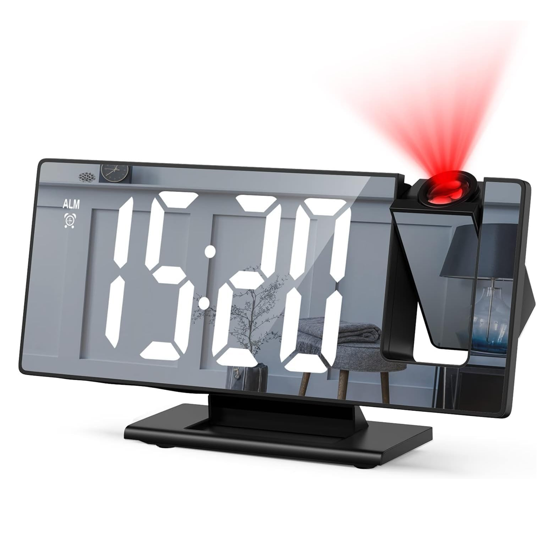 Portable LED Mirror Clock Digital Alarm Clock with Time, Temperature and Date Display, Large Mirror Screen, Three Level Projection Brightness