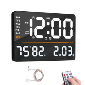 13 Inch Plastic Digital Wall Clock with Large Display, Remote Control, Automatic Brightness, Temperature, Date, Week, and Alarm Function for Living Room and Office Decor – Black