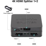 4K HDMI Splitter 1x2 – Distribute One HDMI Source to Two Displays, Supports Dual Monitor Duplication and Mirroring, HDMI 2.0b, 60Hz, Full HD 1080P, 3D, 18.5Gbps, Compatible with Xbox, PS4, Blu-Ray Player, and HDTV – Black - Image 3