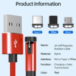 3-in-1 Magnetic Charging Cable with 360° & 180° Rotating Connectors for Phones – 3 Pack (3ft, 6ft, 10ft), 3A Fast Charging, Red - Image 5