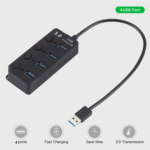 4-Port USB 3.0 Hub for PC & Laptop – High-Speed Hub with Individual Power Switches, LED Indicators, 30cm Cable (Black) - Image 2
