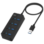 4-Port USB 3.0 Hub for PC & Laptop – High-Speed Hub with Individual Power Switches, LED Indicators, 30cm Cable (Black)